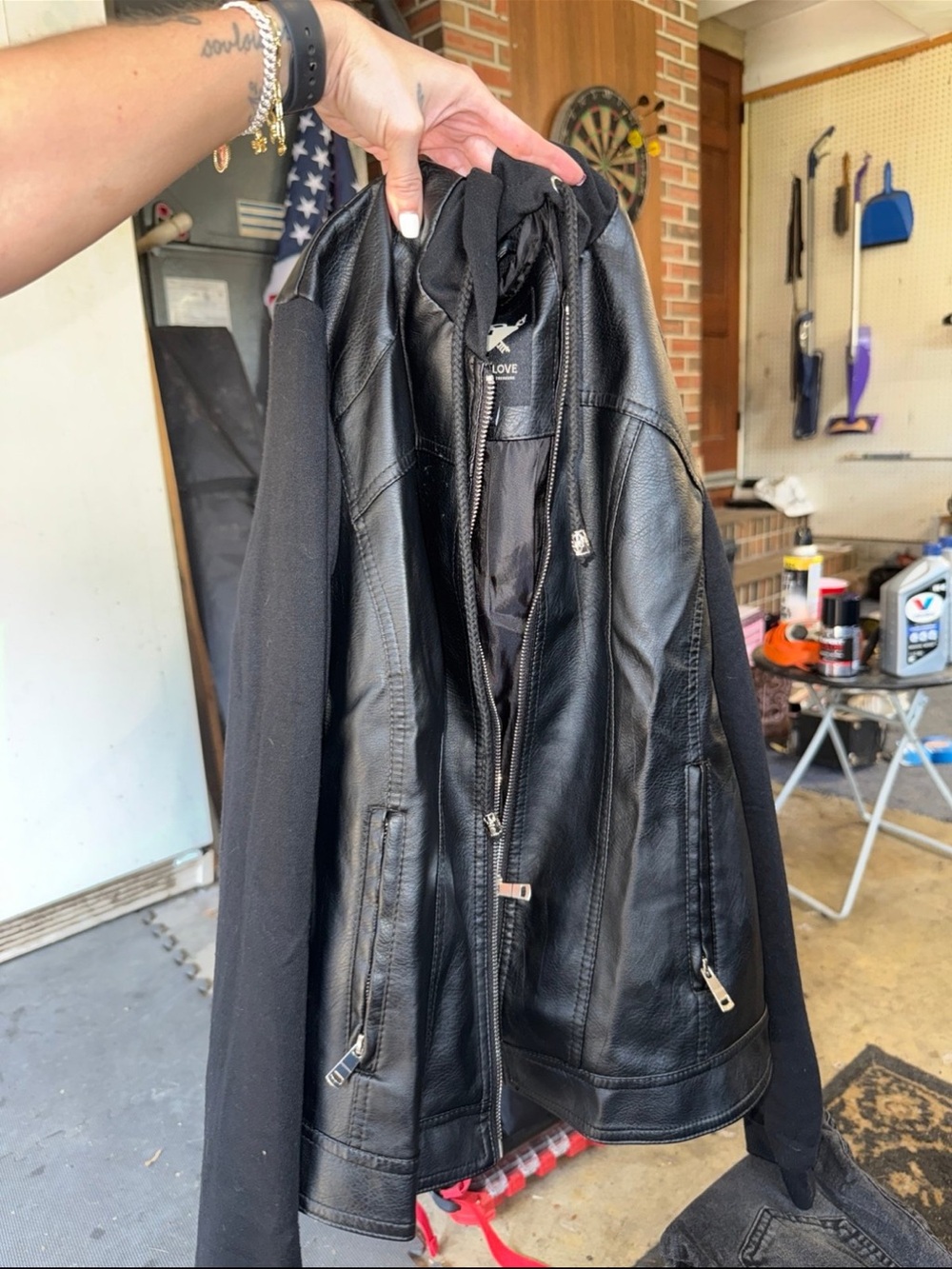 Black Faux Leather Zip-Front Jacket with Knit Sleeves